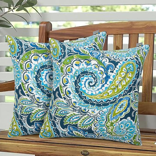 Magpie Fabrics Pack of 2 Indoor Outdoor Waterproof Throw Pillow Covers 18 x 18 Inch, Decorative Pillowcase Shell Cushion Sham for Garden Patio Tent Balcony Couch Sofa(Paisley Lapis Green)