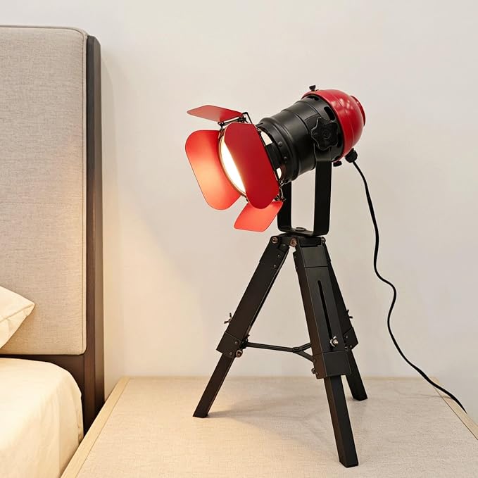 Vintage Black w/Red Retro Tripod Adjustable Table lamp,Nautical Teatre Retro Spotlight,Industrial Decor Wooden Light Fixtures,Cinema Movie Props for Living Room Bedroom Office bar Lighting
