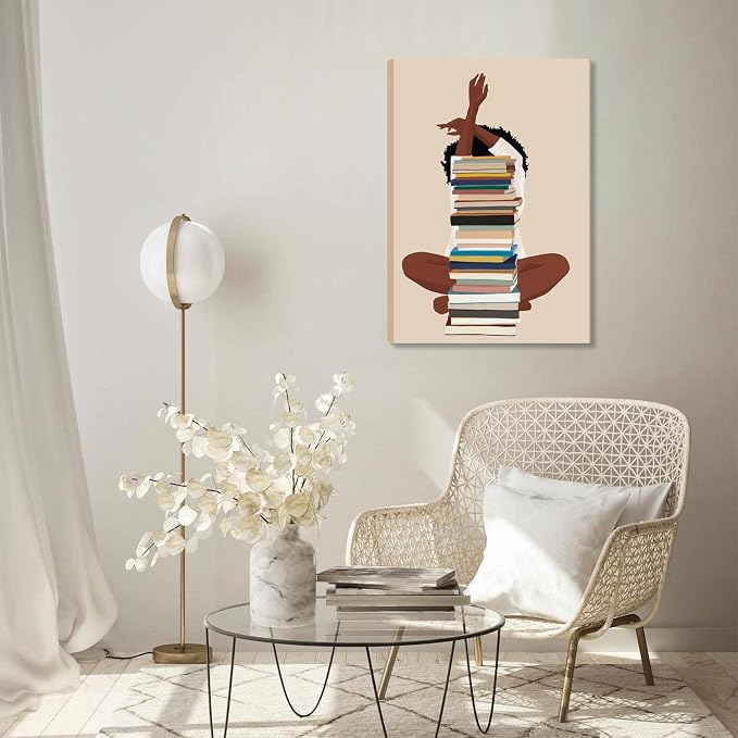 AKWISH Black Girl Canvas Wall Art - African American Wall Decor, Modern Black Woman with Book Art for Bedroom Living Room - Framed 12x16 inch