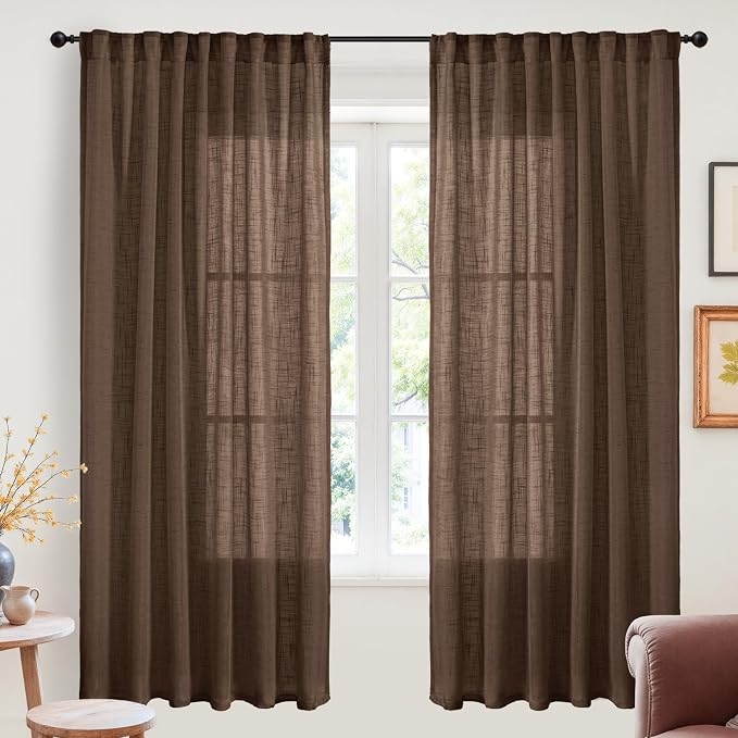 YoungsTex Dark Brown Linen Semi Sheer Curtains 72 Inch Length for Living Room - Chocolate Light Filtering Drapes Textured with Rod Pocket Back Tab Privacy for Bedroom, 2 Panels, 52 X 72 Inch