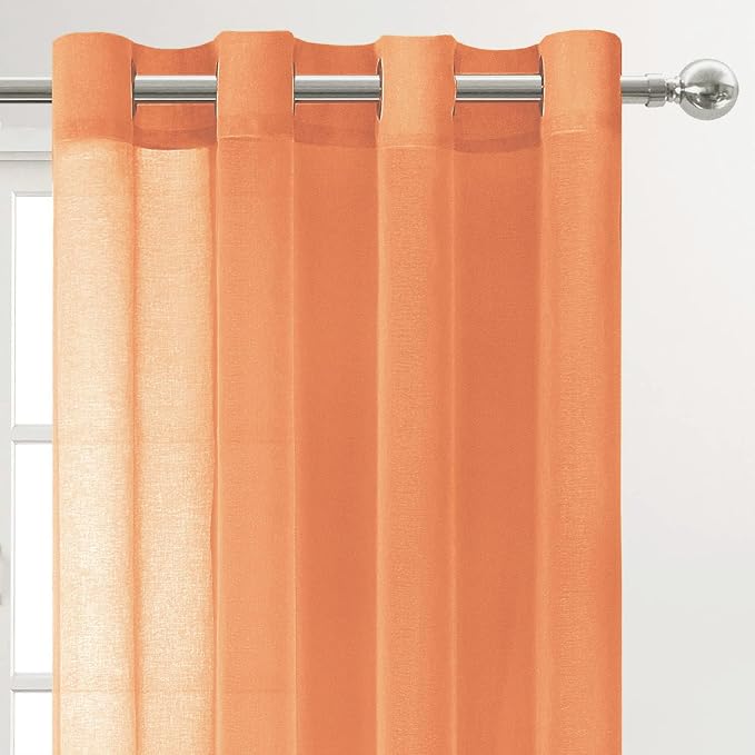 DWCN Sheer Curtains, Semi Sheer Grommet Window Curtains, Faux Linen Voile Sheer 90 Inches Curtains Drapes Treatment for Living Room Bedroom Set of 2 Panels 52 x 90 Inches Long, Sunset Orange