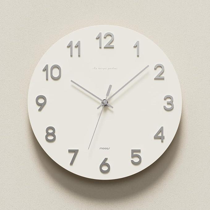 mooas 3D Numbers Modern Wall Clock, 12" Battery Operated, Analog (Silver) | Silent Non-Ticking Sweep Movement, Decorative, Home Decor Living Room Kitchen Bedroom Office Living Room Hotel