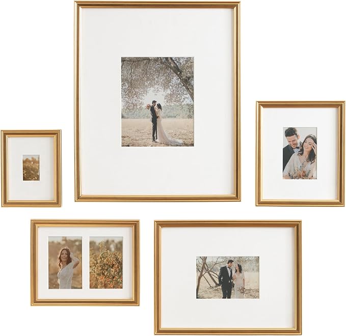 Kate and Laurel Adlynn Traditional Picture Frame Set, Set of 5, Varying Sizes, Vintage Gold, Classic Wall Frame Set Collection with Hanging Template for Gallery Wall Picture Frame Display