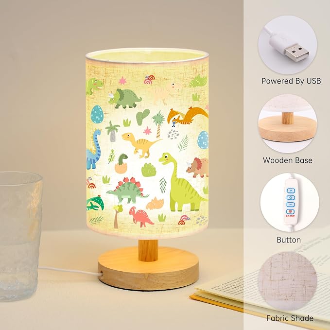 WSYEAR Bedside Table Lamp for Bedroom with Dinosaur Pattern Printed Shade 3-Way Dimmable Small Lamp with Wood Base for Living Room, Desk, Dorm, Home Office