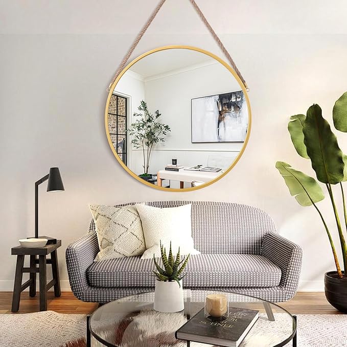 Hanging Circle Mirror Farmhouse Gold Round Hanging Wall Mirror Artistic with Rope for Bathroom Bedroom Vanity Living Room Entryway 28"