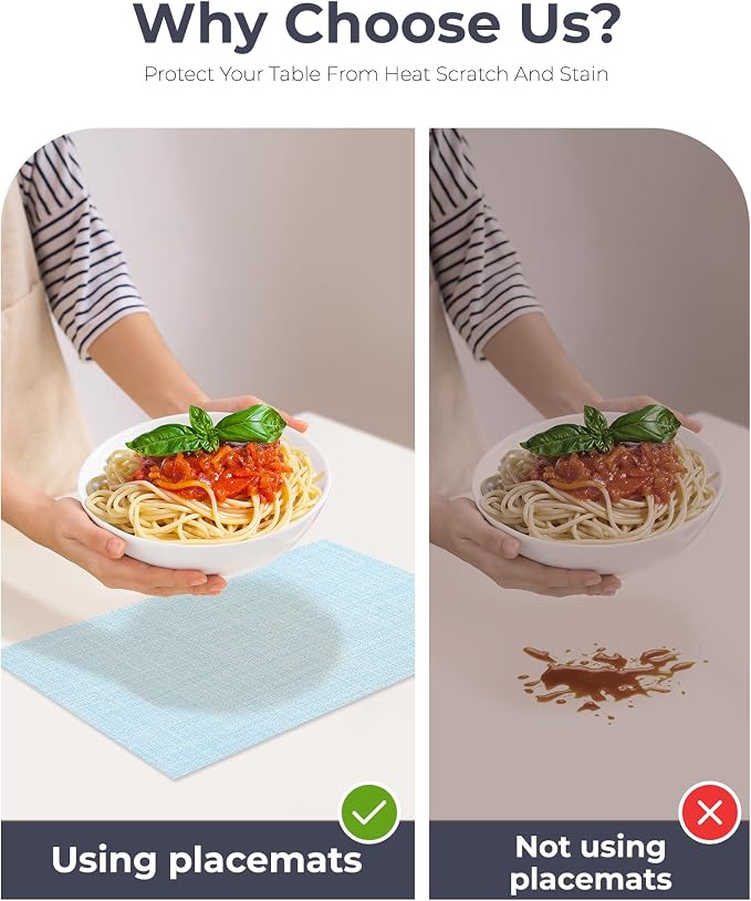 Leetaltree Soft Sky Blue Woven Placemats Set of 8 - Heat Resistant Non-Slip Place mats for Dining Table, Washable Durable PVC Vinyl Woven Table Mats(Sky Blue, 8)