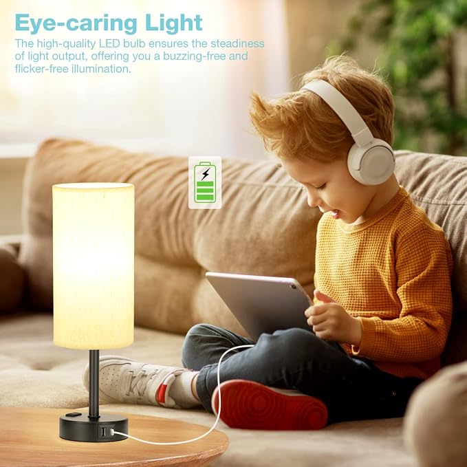 Fenmzee Turquoise Bedside Table Lamp, Dimmable Touch, USB A+C, AC Outlet