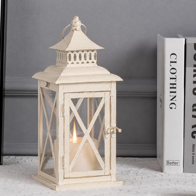 Lantern Decorative Indoor & Outdoor,Large Square Hanging Spring Home Decor, Vintage Metal Decorative Candle Lanterns for Outdoor Patio Wedding Party Beige with Copper Brush