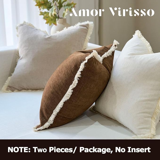 Amor Virisso Fringe Throw Pillow Covers 20x20 Set of 2 Boho Neutral Farmhouse Decorative Pillow Covers with Tassels for Couch Sofa Bed, Neutral