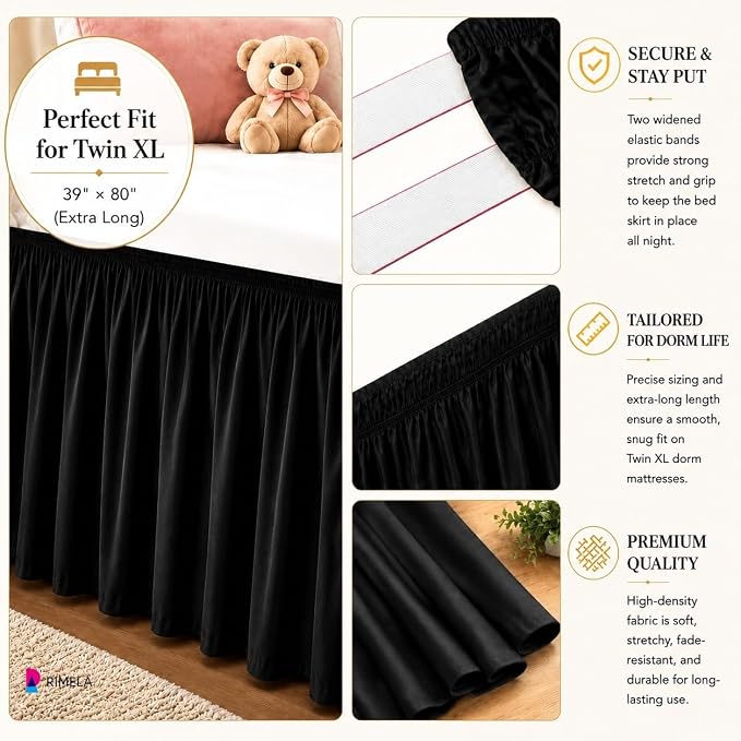 Dorm Room Bed Skirt Twin XL 22" Drop, College Split Corner Bedskirt, Black | Solid ruffled, Wrap-around/elastic, Wrinkle & Fade resistant, with Adhesive Strips, Gift Packed, Machine Wash/Tumble Dry/Iron