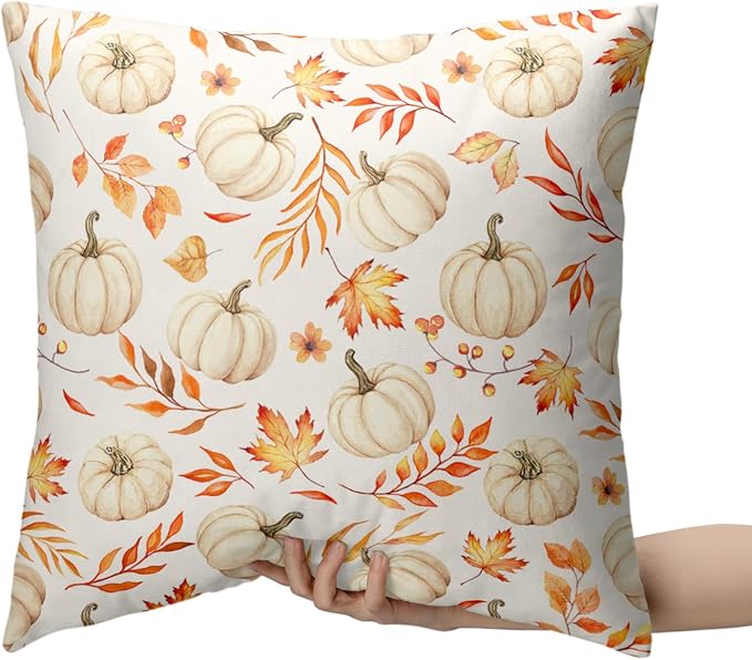 Autumn Pumpkin Throw Pillow Covers Fall Pillow Covers 18x18 Set of 2 Harvest Thanksgiving Pillow Cases Maple Leaves Cushion Cases for Living Room Bedroom Couch Sofa Patio