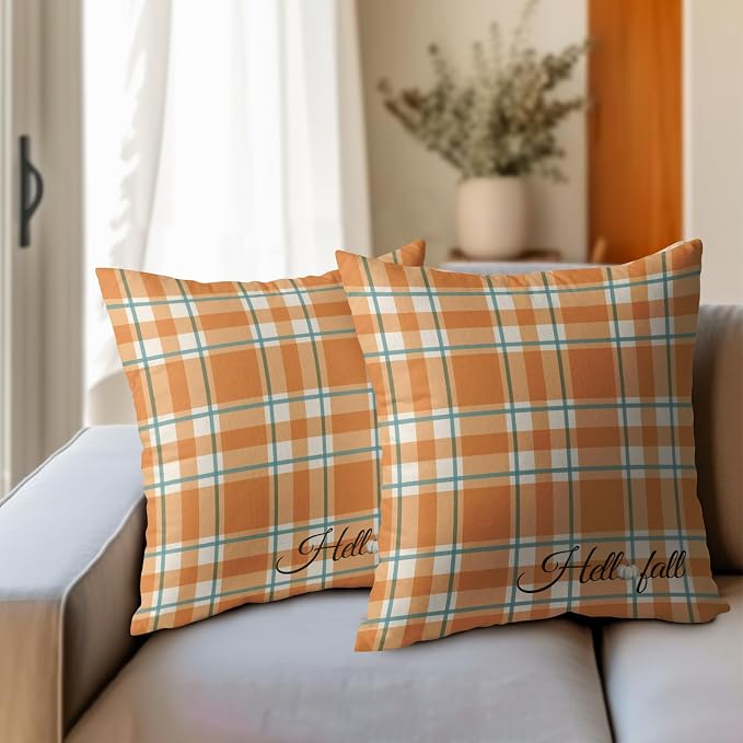 Orange Stripe Fall Throw Pillow Cover 16x16 Inch Set of 2 Hello Fall Stripes Buffalo Plaid Decorative Pillow Protector Pumpkin Autumn Thanksgiving Outdoor Cushion Case for Home Sofa Porch