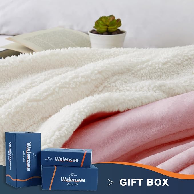 Walensee Sherpa Fleece Blanket (Queen Size 90”x90” Blush) Plush Throw Fuzzy Super Soft Reversible Microfiber Flannel Blankets for Couch, Bed, Sofa Ultra Luxurious Warm and Cozy for All Seasons