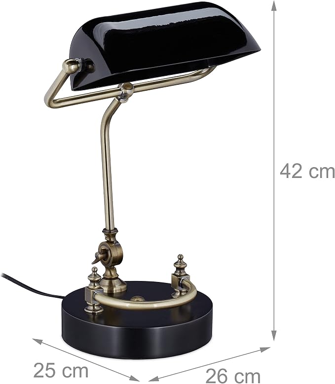 Relaxdays Vintage Table Lamp, Tilting Glass Lampshade, Wooden Base, E27, Library Desk, Black