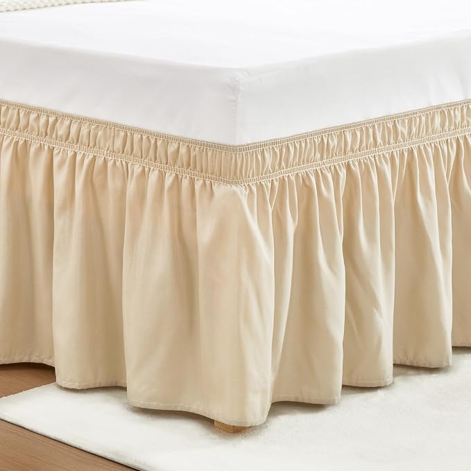 Light Beige Queen Bed Skirt 14 Inch Drop, Elastic Wrap Dust Ruffle | Hides Underbed Storage, No Mattress Lifting, Elastic Stays Put, Soft Fabric, Machine Washable, Polished Look