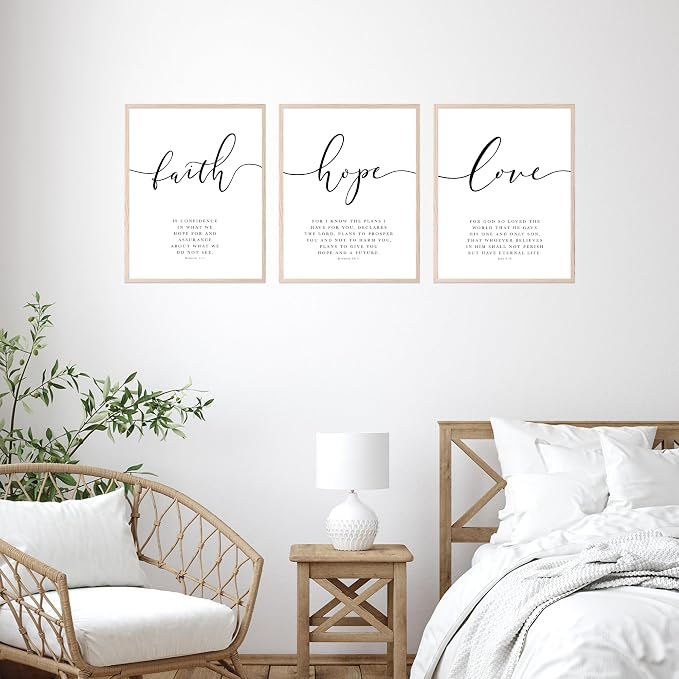 BigWig Prints Bible Verse Prints, Faith Hope Love, Set of 3, 12x16 in | Uplifting Scripture for Prayer Room or Study, Great Gift for Bible Study Groups, Unframed