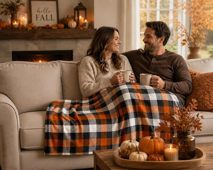 Serafina Home Fall Plaid Blanket Throw: Orange Black White Farmhouse Tartan Print on Velvet Fleece, 50" x 70" for Sofa Couch Bed Outdoor Events