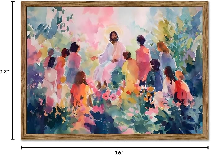 Framed Jesus With Children Wall Art, Christian Jesus Teaching Kids Wall Decor Paintings, Religious Nursery Poster Canvas Prints Artwork for Living Prayer Room Bedroom 12x16 inch