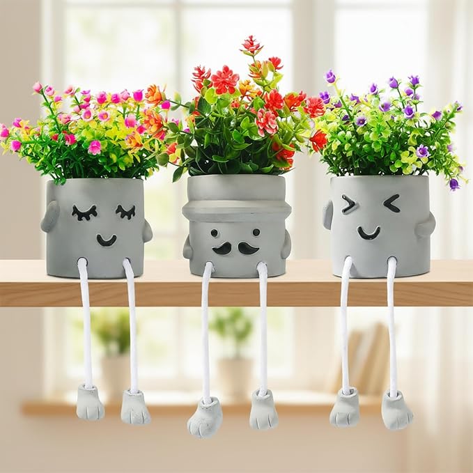3Pack Fake Plants in Cute Pots, Indoor Faux Plants Decorations Lifelike with 60 Artificial Flowers for Office Bathroom Bedroom Living Room Kitchen Home Farmhouse Shelf Decor C