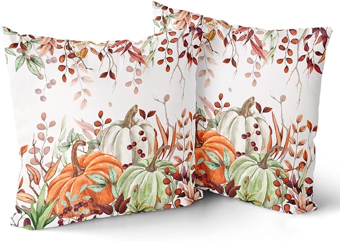 Giwawa Fall Pillow Covers Set of 2 18x18 Inch Orange Green Pumpkins Autumn Leaves Thanksgiving Cushion Covers Farmhouse Decorative Double Sided Throw Pillowcases for Indoor Outdoor Holiday