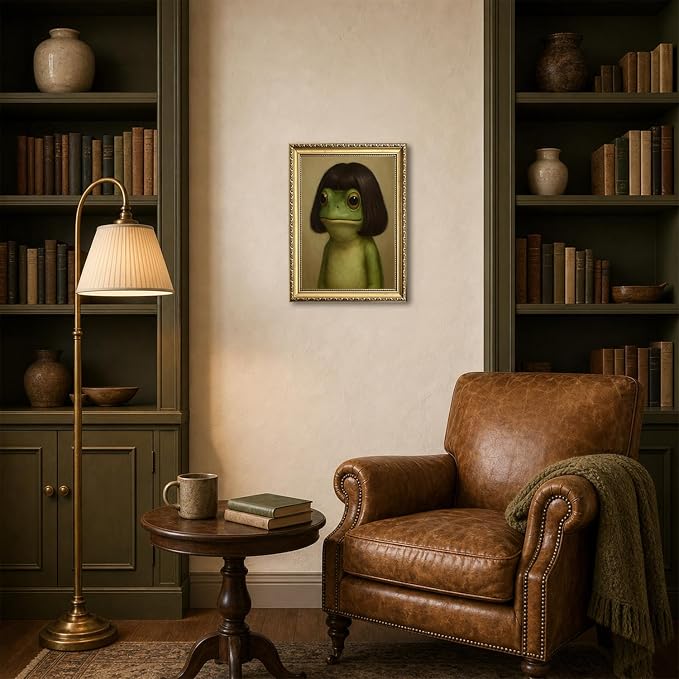 Gold Framed Funny Frog Wall Art, Whimsical Green Frog Wall Decor Painting Cute Animal Poster Canvas Prints Artwork for Living Room Bedroom Bathroom 16x24 inch