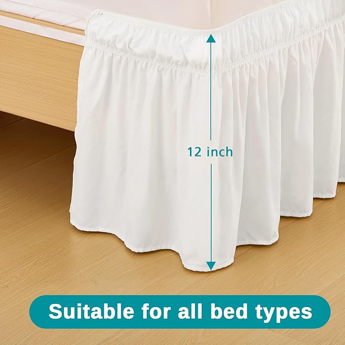 Vocander Queen Bed Skirt 12 Inch Drop, Elastic Wrap Dust Ruffle White | Hides Underbed Storage, No Mattress Lifting, Elastic Stays Put, Soft Fabric, Machine Washable, Polished Look
