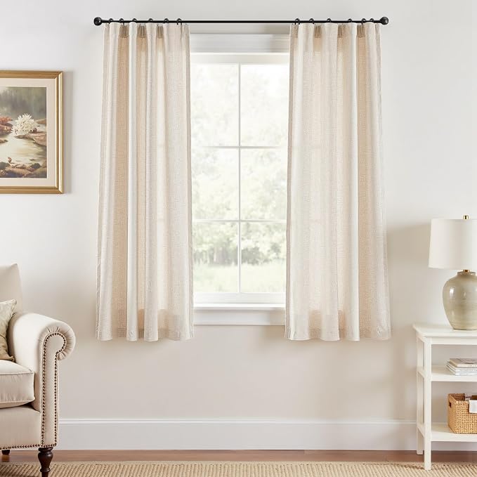 jinchan Linen Curtains Light Filtering Back Tab 38x63 Inch 2 Panels Beige | Semi Sheer Curtains 63 inch length for Bedroom Living Room, Modern Farmhouse Drapes with Rod Pocket, Natural Boho Curtains