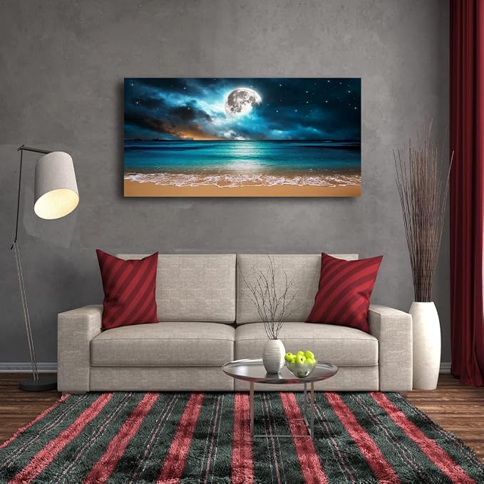 Beach Themed Wall Art Canvas Prints Seascape Picture Bathroom Décor Moon Ocean Landscape Paintings for Bedroom Dining Room Office Home Kitchen Decoration Natural Artwork 24x48 Wooden Frames