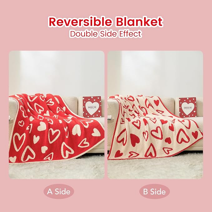 Snuggle Sac Valentines Heart Throw Blanket for Couch, Knitted Super Soft Cozy Blankets Gifts for Her, Microfiber Fuzzy Throws for Couch, Heart Love, 50x60 inches