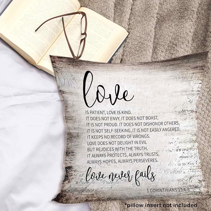 Vintage Christian Bible Verse Love is Patient Throw Pillow Covers 18x18, Rustic Scripture Corinthians Decor Pillow Cases for Farmhouse Bedroom Living Room, Religious Pillowcases for Couch Bed