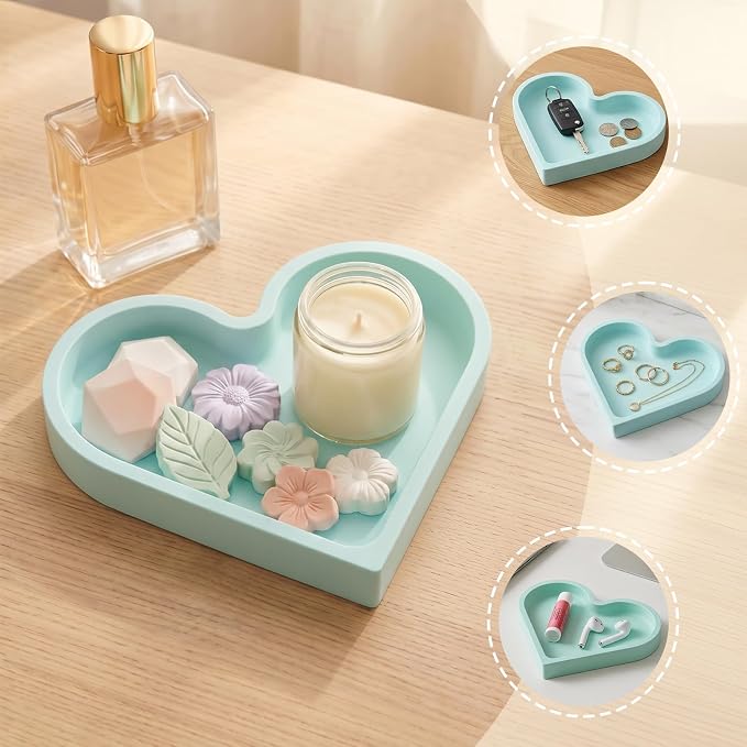 BLESWIN Cute Heart Silicone Jewelry Dish, Soft Ring Holder Tray, Small Trinket Bowl for Keys Earrings Necklace, Aesthetic Home Decoration Gift for Women Girls Mom Best Friend, light blue