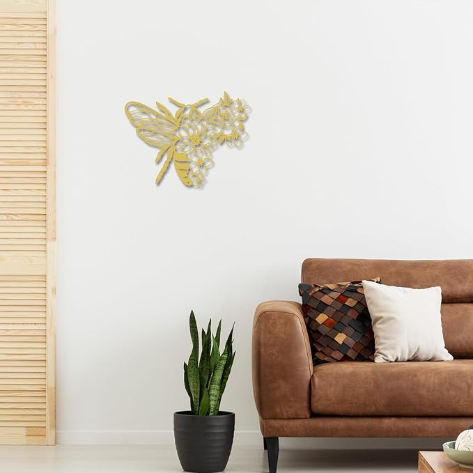 Rajukit Bohemian Bee Flower Metal Wall Art Gold for Living Room | Honey bee theme botanical style indoor decor hanging sculpture gold finish for bedroom kitchen living room