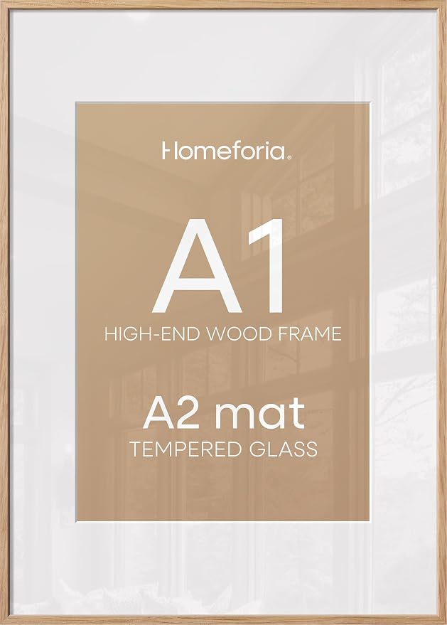 Homeforia A1 Natural Oak Poster Frame, High-End Wood, A2 Mat, Glass
