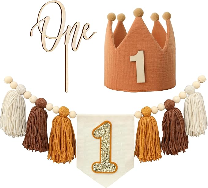 Baby Boy First Birthday Party Decorations Brown High Chair Banner 1st Crown Cake Topper 1st Birthday Decor