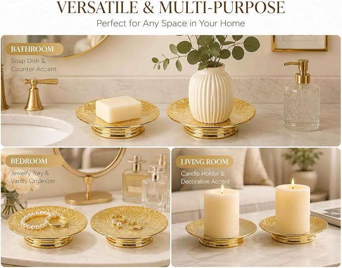 Gold Ceramic Decorative Tray Set of 2, Electroplated Sunburst Jewelry Trays, Pillar Candle Holder Plates, Soap Dishes & Trinket Trays for Bathroom, Vanity, Bedroom & Home Decor