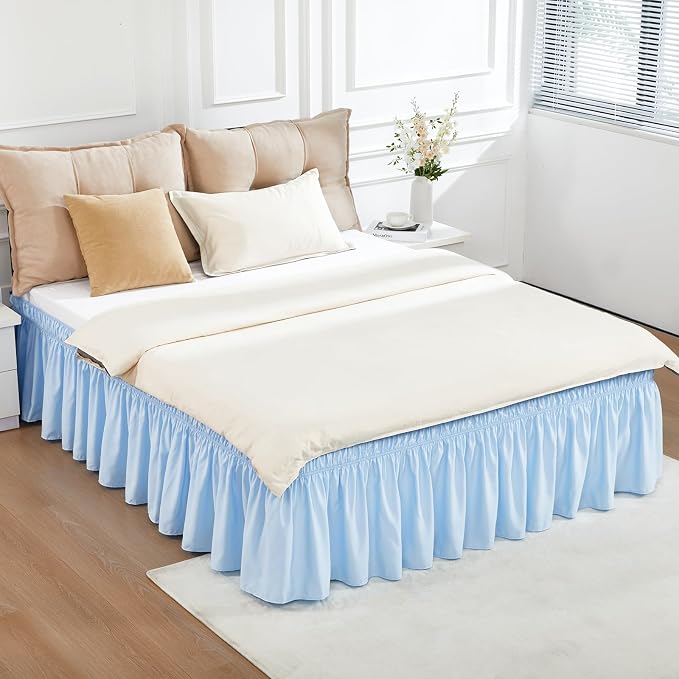 Light Blue Bed Skirt King Size 15" Drop, Elastic Wrap Around Bedskirt | Solid Ruffled, Easy to Use, No Mattress Lifting, Wrinkle & Fade Resistant, with Adhesive Strips, Machine Wash/Dry/Iron