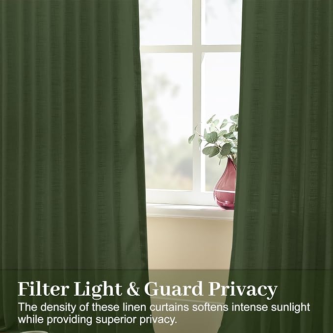 Pinch Pleated Sheer Linen Blend Curtains Light Filtering for Living Room | Living Room, Semi Sheer, Pinch Pleat, Bedroom, Hook Rings, Non See Through, Memory Shape, W40xL90, Olive Green, 2 Panels