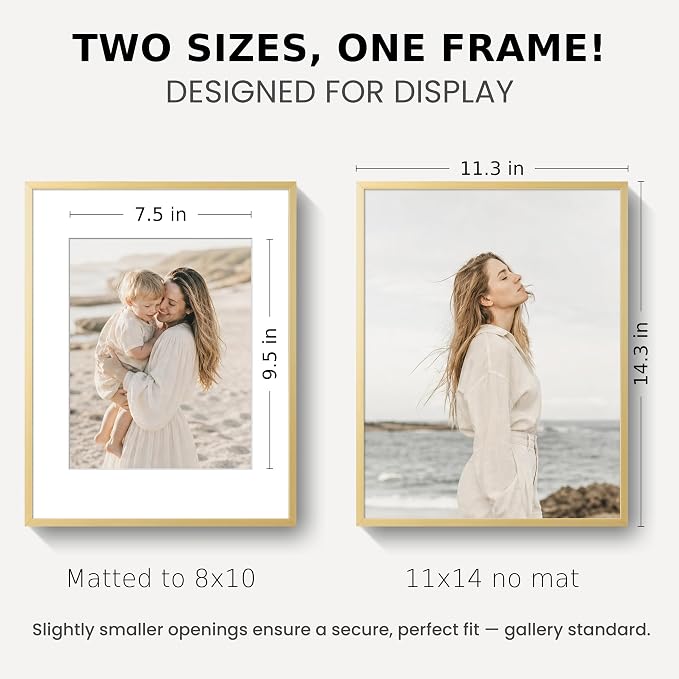 11x14 Picture Frame Gold, Aluminum Metal 11 x 14 Frame with Removable Mat, 11 by 14 Gold Photo Frame Matted to 8x10 Photo, Real Tempered Glass for Home and Office Gallery Wall, 1 Pack