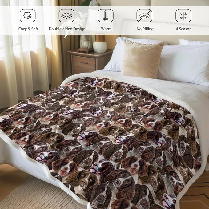 BlessLiving Fuzzy Dog Blanket for Kids Adults Puppy Lovey Fleece Blanket Reversible Animal Pattern Sherpa Throw (English Springer Spaniel, 60 x 80 Inches)