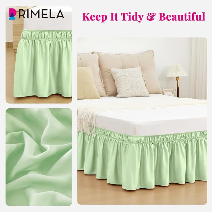 Baby Green Bed Skirt Queen Size 15" Drop, Elastic Wrap Around Bedskirt | Solid ruffled, Wrap-around/elastic, Wrinkle & Fade resistant, with Adhesive Strips, Gift Packed, Machine Wash/Tumble Dry/Iron