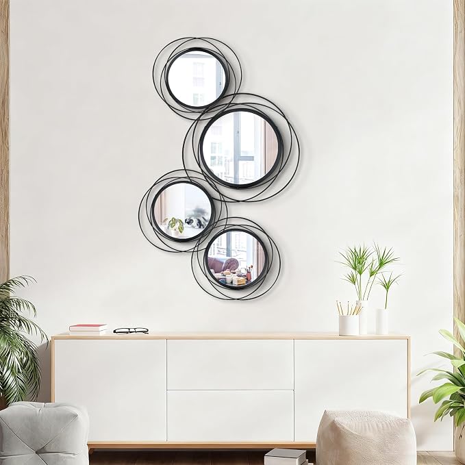 4 Set Circle Mirrors for Wall Decor Living Room Bedroom Entryway | Metal Round Mirror Decorative Hanging Mirrors Sun Bohemian Geometric Accent Sculpture Black 11 In/9.2 in