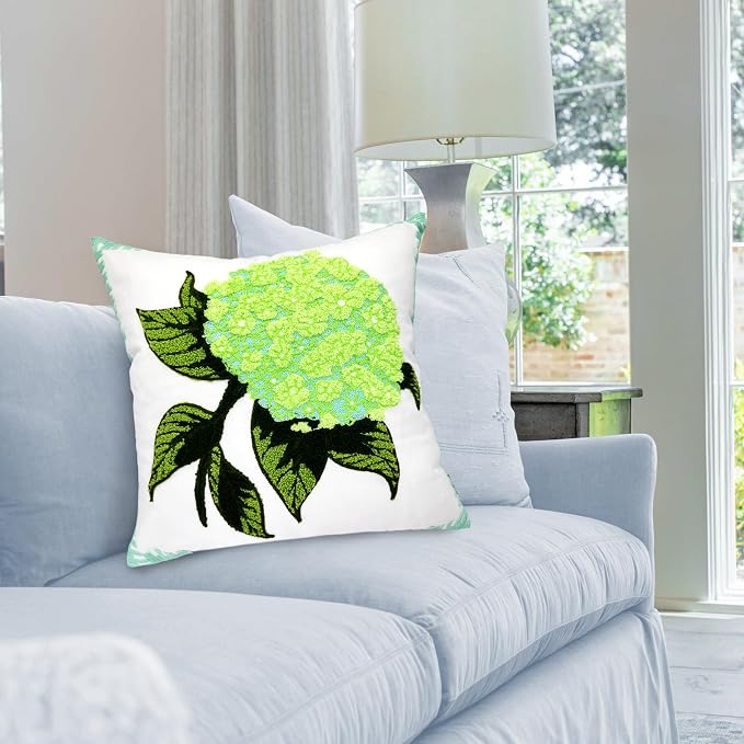 Alysheer Spring Hydrangea Embroidered Decorative Throw Pillow Covers 18"x 18" Set of 2, Summer Floral Tufted Patterned Green Cotton Cushion Cases for Couch Bed Living Room Decor