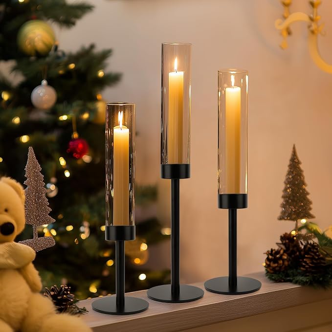 Black Hurricane Candle Holders, Set of 6 Glass Taper Candlestick Holders Metal Candle Stands Bulk with Glass Cover for Dining Tables Wedding Candelabra Centerpieces Decor