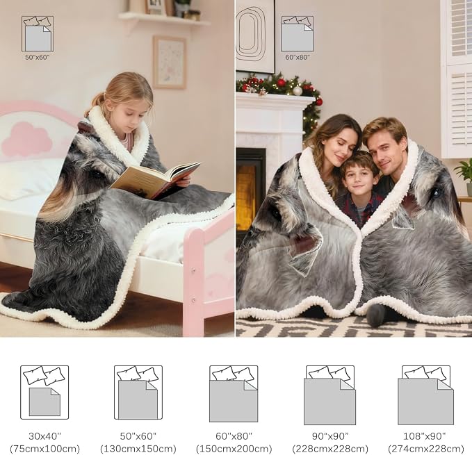 BlessLiving Throw Blanket, Dog, 50x60 in | sherpa fleece fabric, Schnauzer Lined Pet Lovers Blankets print, for pet lovers, easy machine care
