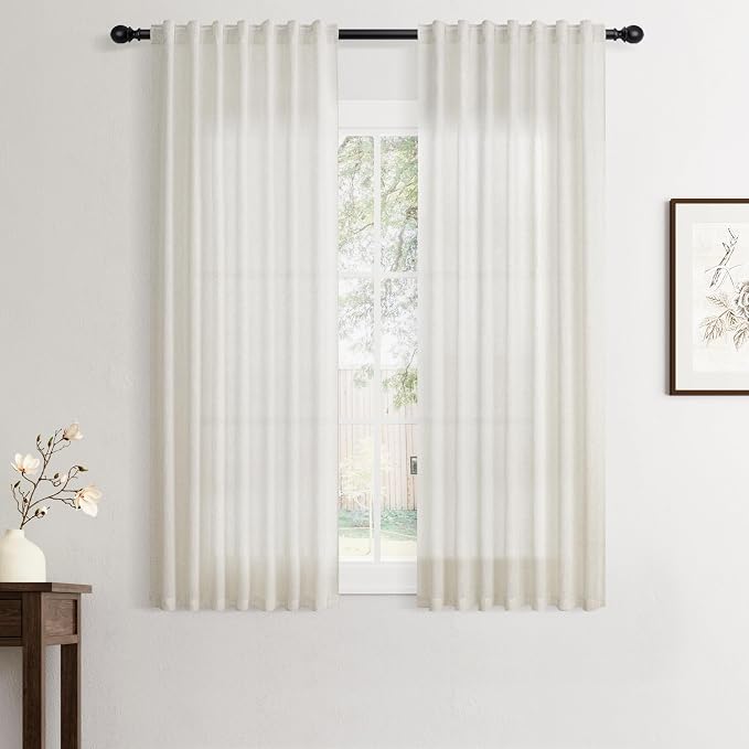 Jowels Natural Linen Curtains 58 Inch Long 2 Panels for Living Room | Ivory Light Filtering Sheer Curtain,Back Tab Pocket Pleated Look,Modern Farmhouse Textured Privacy Drapes for Bedroom Window