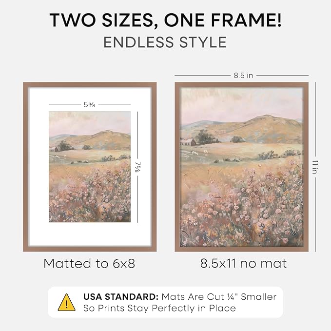 Homeforia 8.5x11 Mocha Picture Frame, High-End Metal, 6x8 Mat, Glass