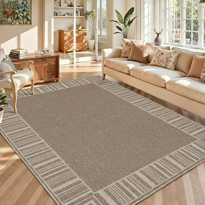 COZYLOOM Easy Jute Area Rugs 8x10 Large Living Room Rug with Rubber Backing, Washable Stain Resistant Bordered Rug Non Shedding Neutral Striped Farmhouse Carpet for Bedroom, Patio, RV, Beige Brown