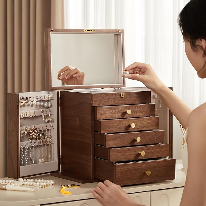 Black Walnut Wooden Jewelry Box for Women, 6 Layer | Locking Large Wood Jewelry Organizer with 2 Side Doors & Mirror, For Watch Necklace Ring Earring, Velvet-Lined, Gift