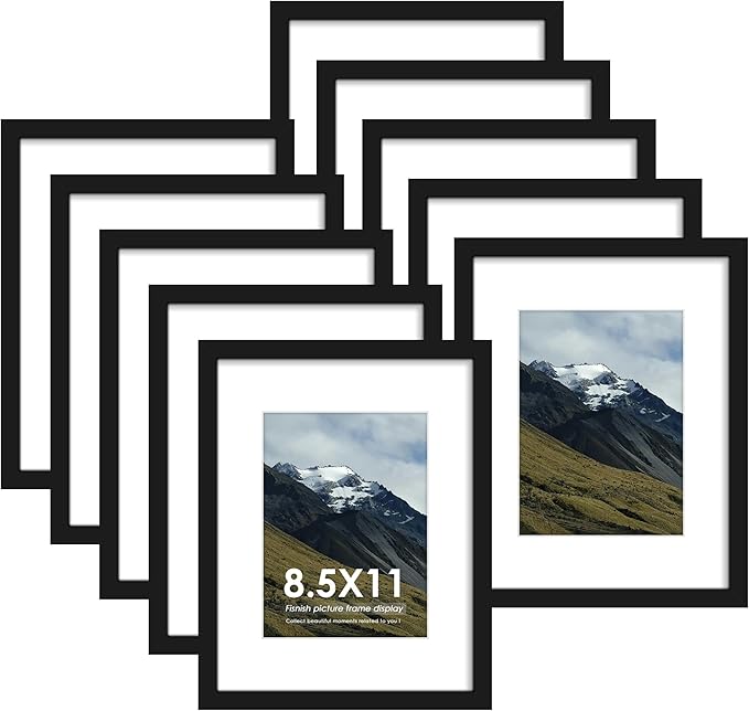 8.5x11 Picture Frame Sef of 10, for Wall Gallery Decor, Black | Display Pictures 6x8 with Mat or 8.5 x 11 Without Mat, Hanging or Tabletop Display, Photo Frame Collage