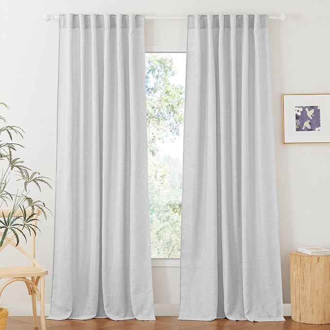 RYB HOME Farmhouse Boho Linen Sheer Curtains 90 inches Long for Living Room | Flax Linen Blend, Light Filtering, Semi Sheer, Wrinkle Resistance, Back Tab, Dorm Dining Room, W52 x L90, 2 Panels, Dove Grey